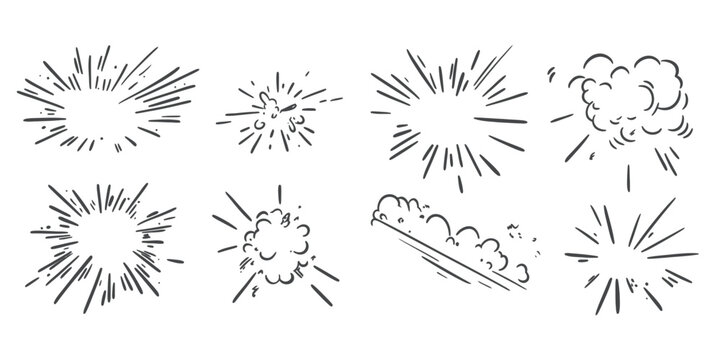 Set of black and white comic style burst and explosion speed lines with motion effect and smoke clouds in hand drawn doodle sketch vector illustration for dynamic action design