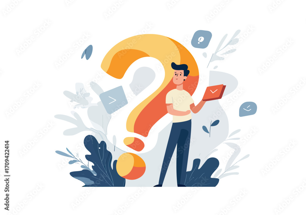 Poster Businessman standing by large question mark holding tablet with check mark symbol surrounded by abstract plants and icons in flat minimalist style vector illustration
