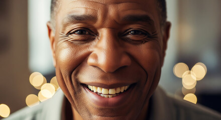 A warm, friendly close-up portrait of a smiling senior African American man with a joyful expression and bokeh lights in the background.