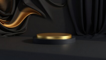 Luxurious gold pedestal surrounded by elegant black draping fabric
