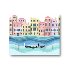 Generative AI illustration of a gondola gliding through Venice canal, layered paper-cut rippling water, pastel-toned houses in the background, French artistic paper style with depth shadows, clean whi