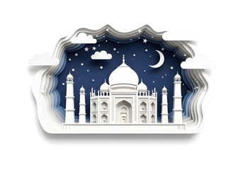 Paper-cut layered artwork of the Taj Mahal under moonlight, delicate white and cream paper layers, tiny stars and clouds in cut-out style, isolated on pure white background.
