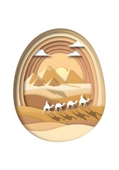 Layered paper-cut design of pyramids with camels crossing desert dunes, warm pastel beige and golden tones, paper shadows for depth, isolated on white background.
