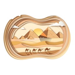 Layered paper-cut design of pyramids with camels crossing desert dunes, warm pastel beige and golden tones, paper shadows for depth, isolated on white background.
