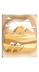 Layered paper-cut design of pyramids with camels crossing desert dunes, warm pastel beige and golden tones, paper shadows for depth, isolated on white background.
