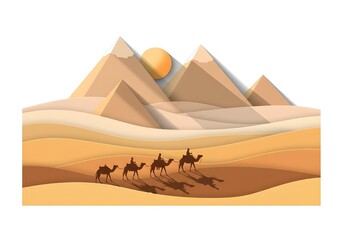Layered paper-cut design of pyramids with camels crossing desert dunes, warm pastel beige and golden tones, paper shadows for depth, isolated on white background.
