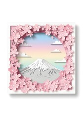 Layered paper art design of Mount Fuji framed with blooming cherry blossoms, soft pink and pastel paper textures, delicate gradient sky background, realistic shadow layers, isolated on white.
