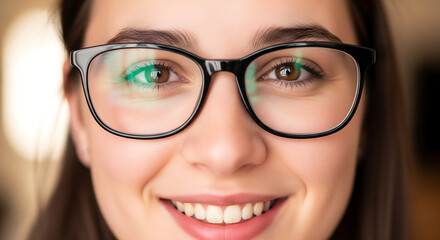 Close-up portrait of a smiling woman wearing glasses.