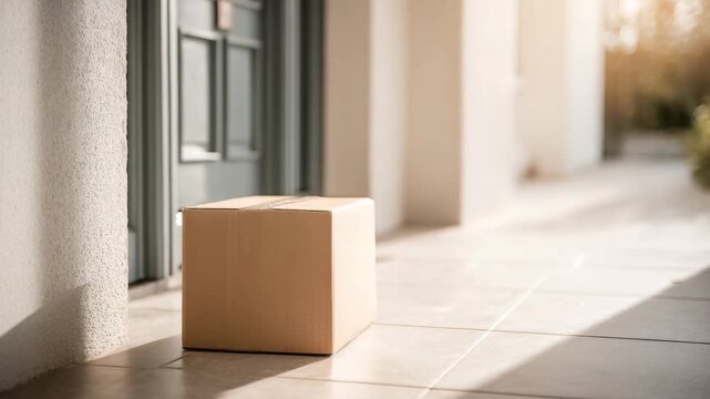 Cardboard box on doorstep in sunlight delivering parcel with warm light and soft shadows on tile floor near home creating calm and quiet atmosphere for package delivery
