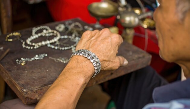 Elderly artisan carefully examining a silver bracelet in a cluttered workshop setting