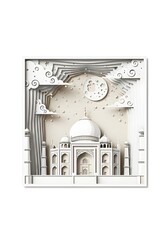 Paper-cut layered artwork of the Taj Mahal under moonlight, delicate white and cream paper layers, tiny stars and clouds in cut-out style, isolated on pure white background.
