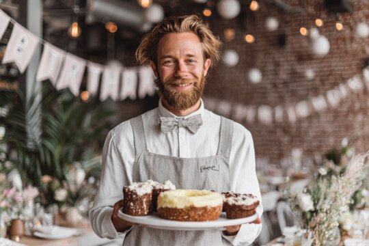 A friendly waiter holds a tray filled with colorful desserts in a lively restaurant. The ambiance is cheerful with decorations and guests enjoying a fun celebration