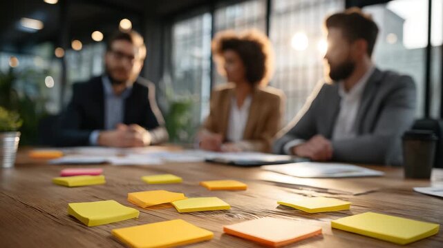 Post it note and sticky note on wooden table in modern office with natural light during business meeting showcasing teamwork, brainstorming, and paper collaboration for creative office environment