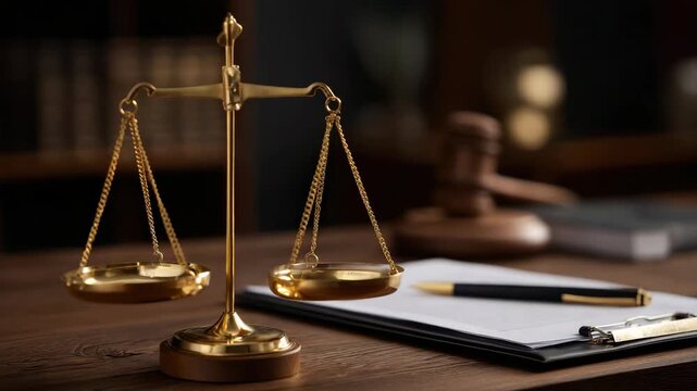 Golden balance scale on wooden table with legal gavel, clipboard, and pen, symbolizing justice, law, and legal authority in professional, serious office setting