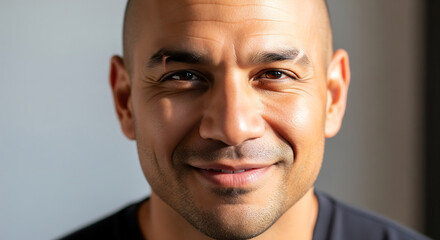 A close-up headshot of a handsome, bald man smiling warmly at the camera with dramatic side lighting.