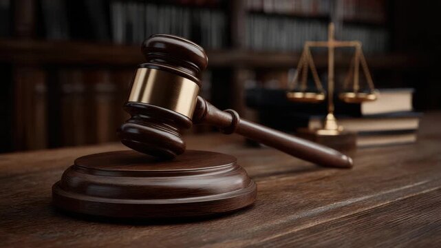 Wooden gavel with brass band on wooden table and blurred brass scales of justice in courtroom, symbolizing law, legal authority, judge, balance, and justice in serious atmosphere