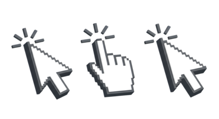 cursors, including a pointer, a pointing hand, and a click icon, isolated on a white background