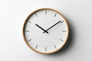 Round wall clock with minimalistic design featuring wooden frame and black hour markers on white textured background, creating clean and modern look