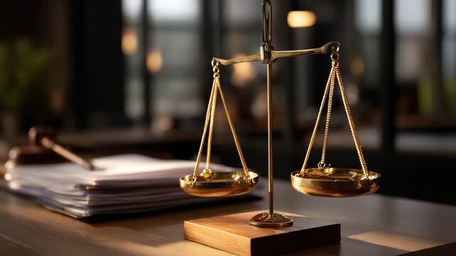 Golden balance scale on wooden base with brass gavel and legal documents in warm office setting symbolizing justice law and legal principles for professional environment