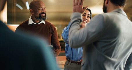 High five, meeting and smile with business people in office at night for feedback success. Tablet, celebration and congratulations with employee team for work goals, collaboration or partnership