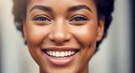 Close-up portrait of a smiling Black woman with dimples, showcasing healthy teeth and radiant skin.
