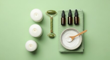Green jade facial roller three white candles three amber dropper bottles and bowl of white cream with wooden spoon on green towel