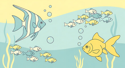 Obraz premium Cartoon illustration depicting two groups of small fish facing a larger angelfish and goldfish in an underwater scene with bubbles and seaweed.