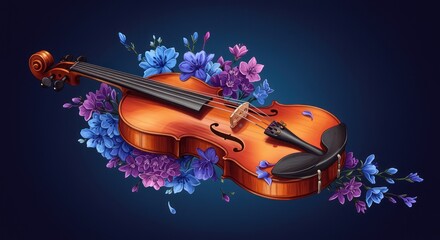 Fototapeta premium Elegant Violin Surrounded by Delicate Flowers