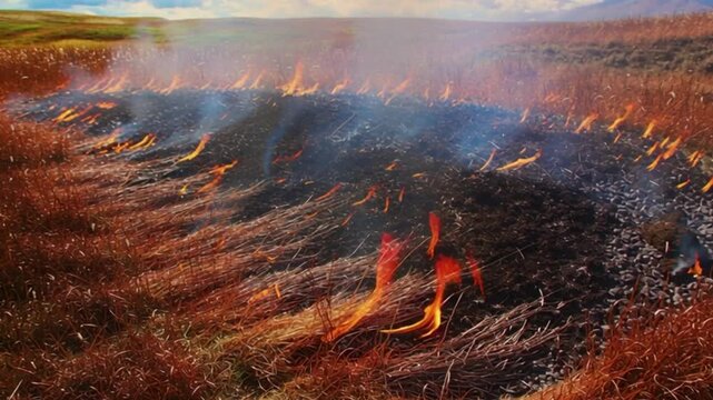 Tundra fire burning dry grass and peat bogs, fire and smoke in the tundra landscape, 4k footage of environmental disaster, climate change destruction, arctic ecosystem damage, global warming nature cr