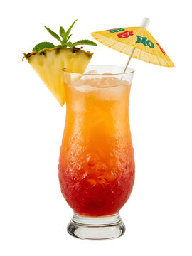 glass of  juice with ice and mint Mai Tai Cocktail in Hurricane Glass &ndash; Vibrant Tropical Drink with Pineapple, Mint, and Umbrella