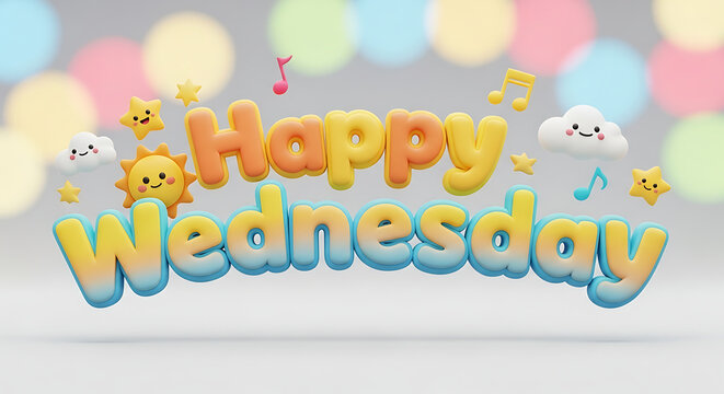 Cheerful "Happy Wednesday" text art with cartoon sun, clouds, stars, and music notes against a bokeh background. - Powered by Adobe