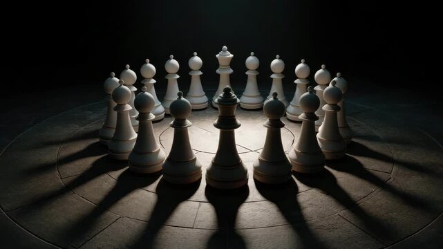 Chess piece circle featuring white chess piece king and pawn on dark stone floor with dramatic lighting, strategy, competition, board game, focus, intelligence, and victory planning