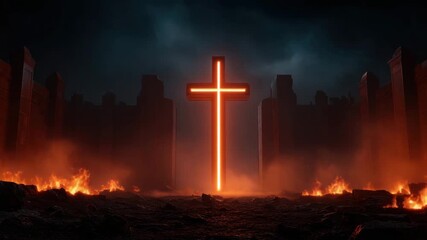 Glowing cross with fiery ground and dark ominous sky, dramatic intense atmosphere with burning embers and ruins surrounding illuminated religious symbol in mysterious landscape