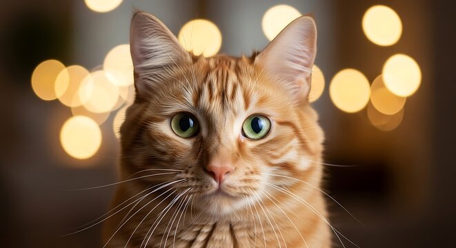 Close-up of a ginger cat with focused gaze against a blurred bokeh background.