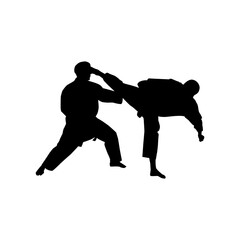 A powerful silhouette of two karateka in a dynamic kicking stance.