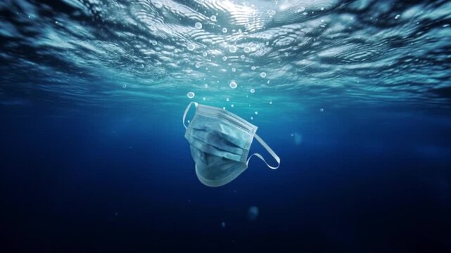Medical face mask floating underwater ocean pollution, coronavirus waste plastic debris, environmental contamination marine ecosystem damage, pandemic aftermath climate change crisis, ecology conserva