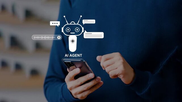 AI agent chat service and customer support. Artificial intelligence helping and assisting customer. Person using mobile or laptop computer to ask questions to AI at desk