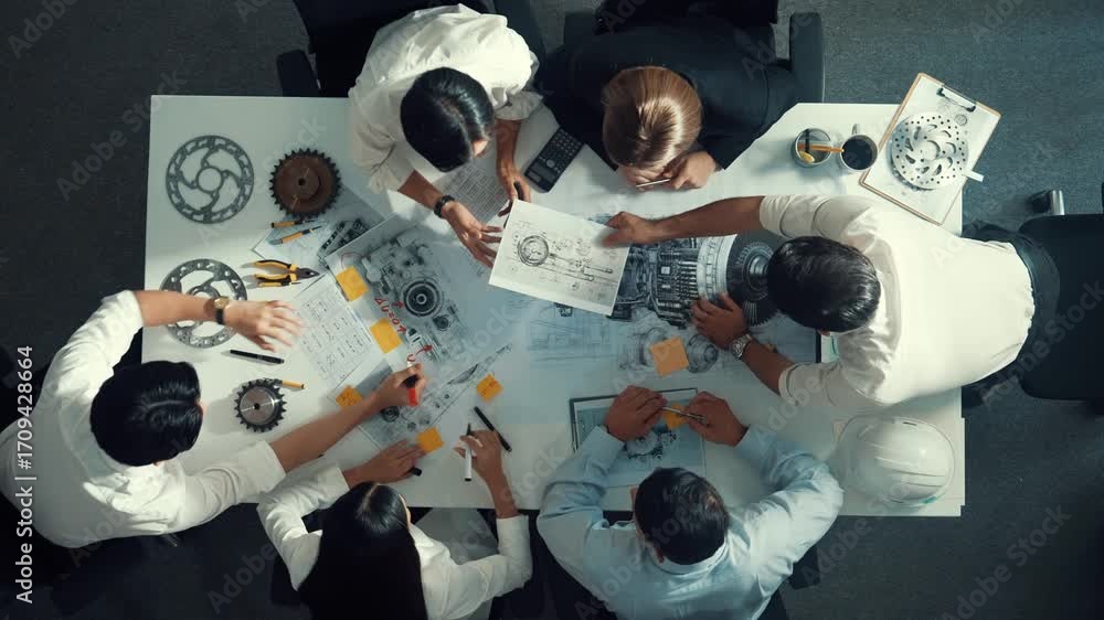 Aufkleber top view of engineer pointing at turbine engine at meeting table with equipment. aerial view of prof