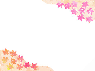 モミジの紅葉イメージの背景素材。水彩風テクスチャー。葉っぱのシルエット。かわいい色調。光の粒子や水滴の輝き。右上と左下に山のシルエットのあしらい。