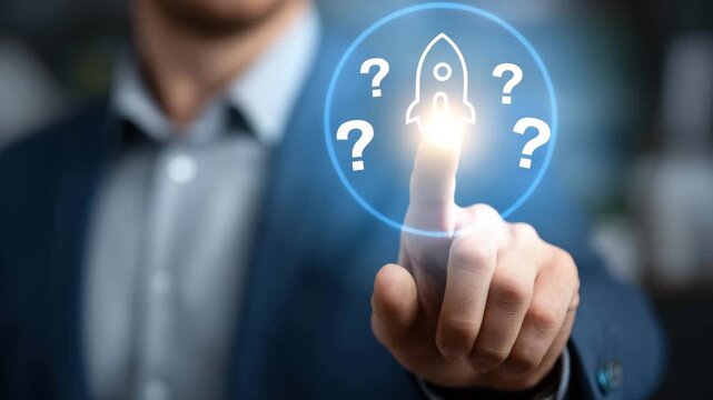 Pointing finger at glowing rocket icon surrounded by question marks symbolizes startup innovation challenges in digital business technology and entrepreneurship hand guiding new ideas for growth