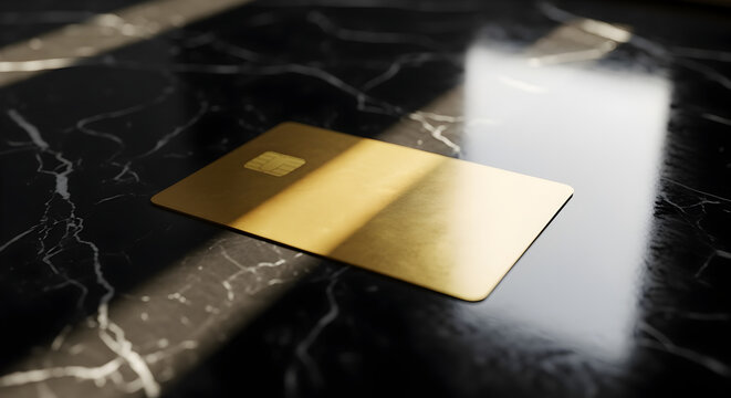 Blank Golden Credit Card with Chip on Black Marble Surface, Financial Luxury Concept