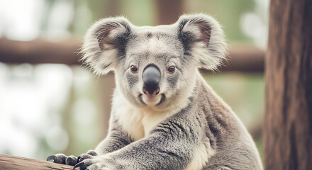Fototapeta premium A close-up portrait of a koala sitting on a branch, looking directly at the viewer with a soft, blurred background of trees.