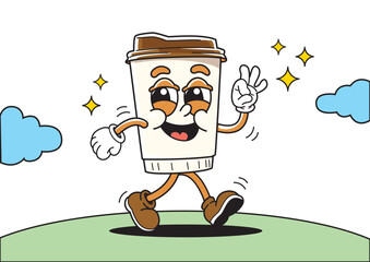 Cheerful coffee cup cartoon character happily walking on green hill under the sky. Food and beverage concept.