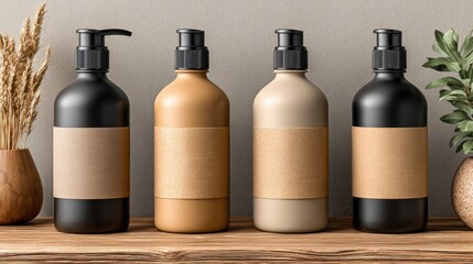 Pump dispenser bottles in black and beige with blank labels