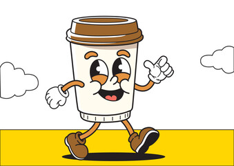 Joyful coffee cup cartoon character strolling confidently on yellow ground with a cloud. Food and beverage concept.