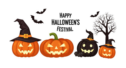 Spooky Halloween pumpkins with witch hats and bats celebrate a festive night