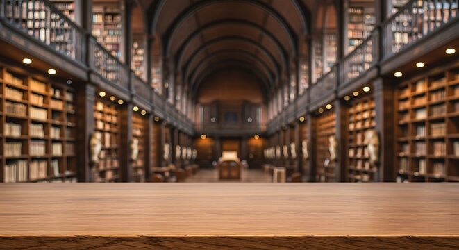 Mockup a long, dimly lit library with tall bookshelves filled with books and a wooden table in the foreground for commercial usage