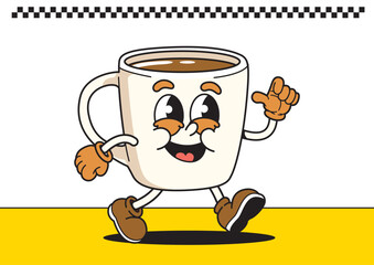 Walking coffee mug cartoon character with a cheerful expression on yellow ground. Food and beverage concept.