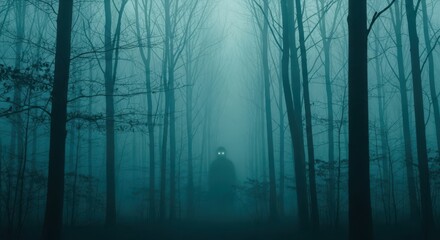 A mysterious figure with glowing eyes stands in a foggy, dark forest among tall trees