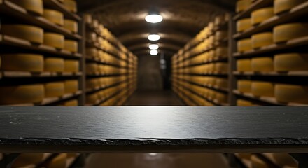 Mockup rows of cheese wheels aging in a dark cellar with a stone surface in the foreground for commercial usage